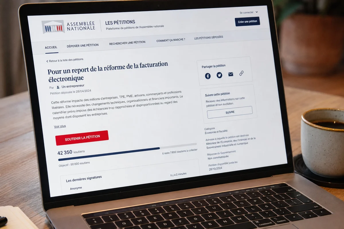 Écran d'ordinateur affichant la plateforme de pétitions de l'Assemblée nationale française