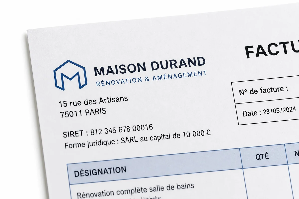 Zoom sur le bloc d'identification vendeur d'une facture avec SIRET, forme juridique et adresse