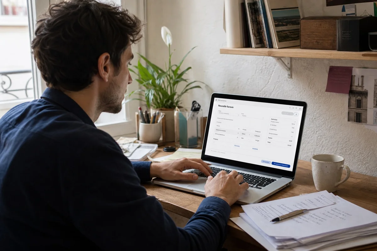 Entrepreneur utilisant un logiciel de facturation électronique sur son ordinateur pour rester conforme