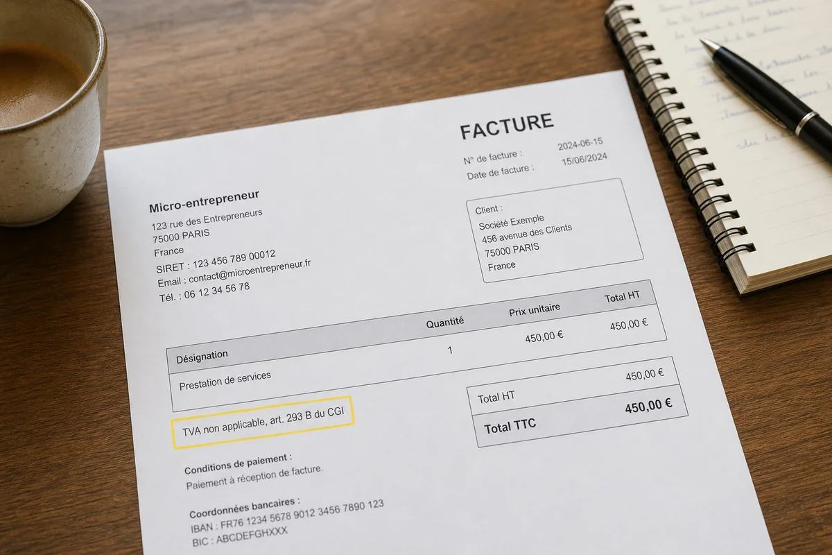Facture auto-entrepreneur avec la mention TVA non applicable article 293 B du CGI mise en évidence