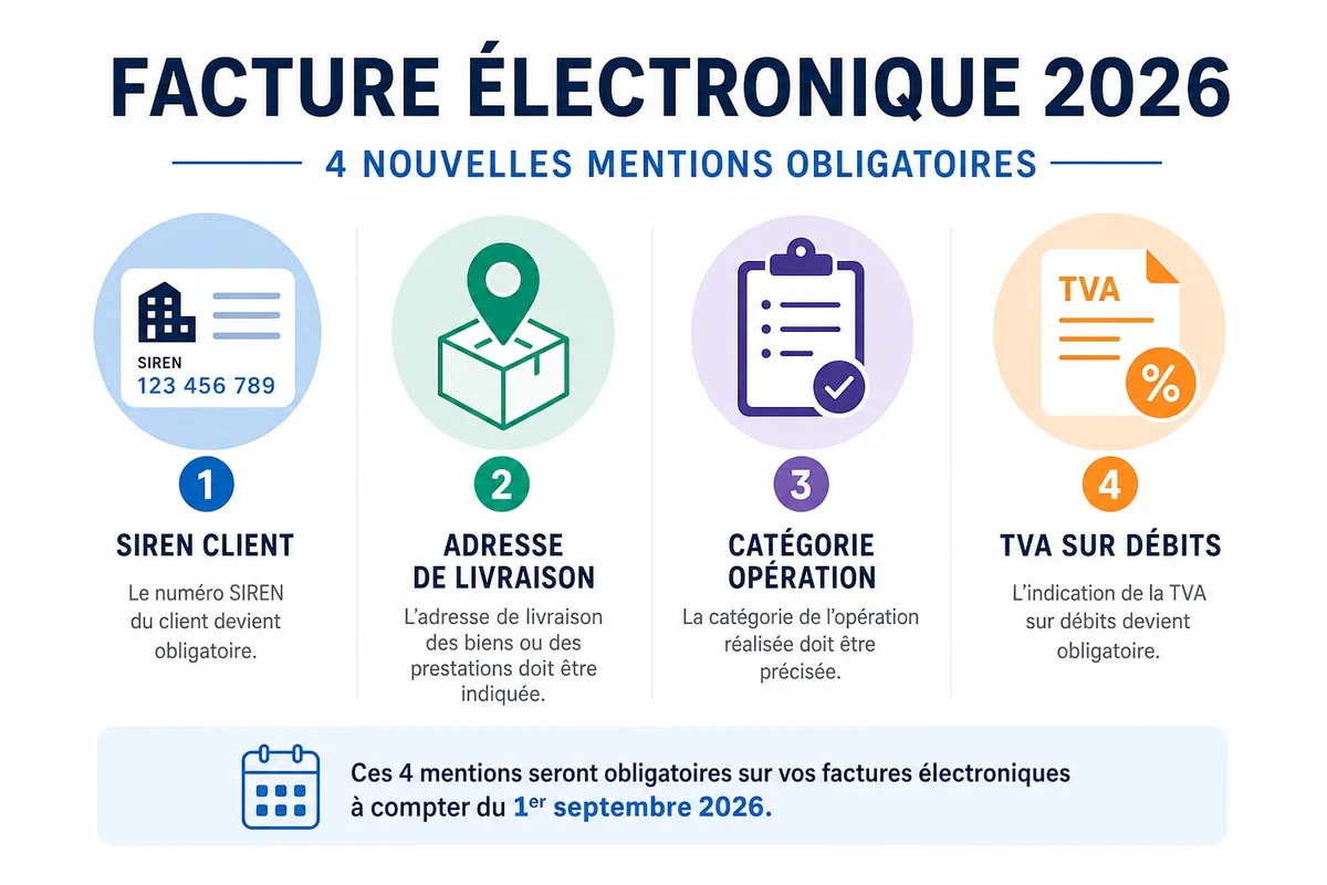 Tableau visuel des 4 nouvelles mentions obligatoires sur facture B2B introduites par la réforme 2026