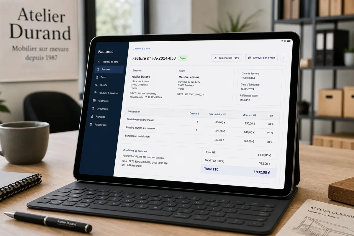 Interface d'une plateforme numérique de dématérialisation de factures électroniques sur tablette