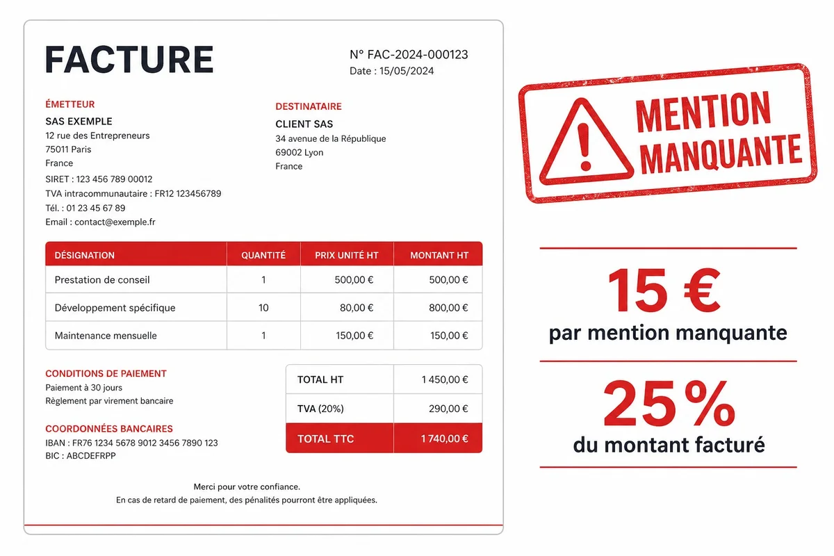 Illustration des pénalités fiscales liées aux mentions manquantes sur une facture en France