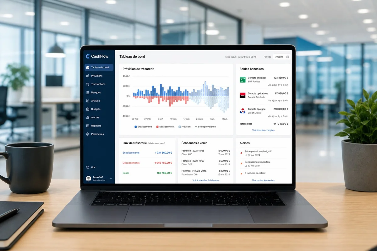 Interface du logiciel Agicap affichant un tableau de bord de trésorerie pour une PME française