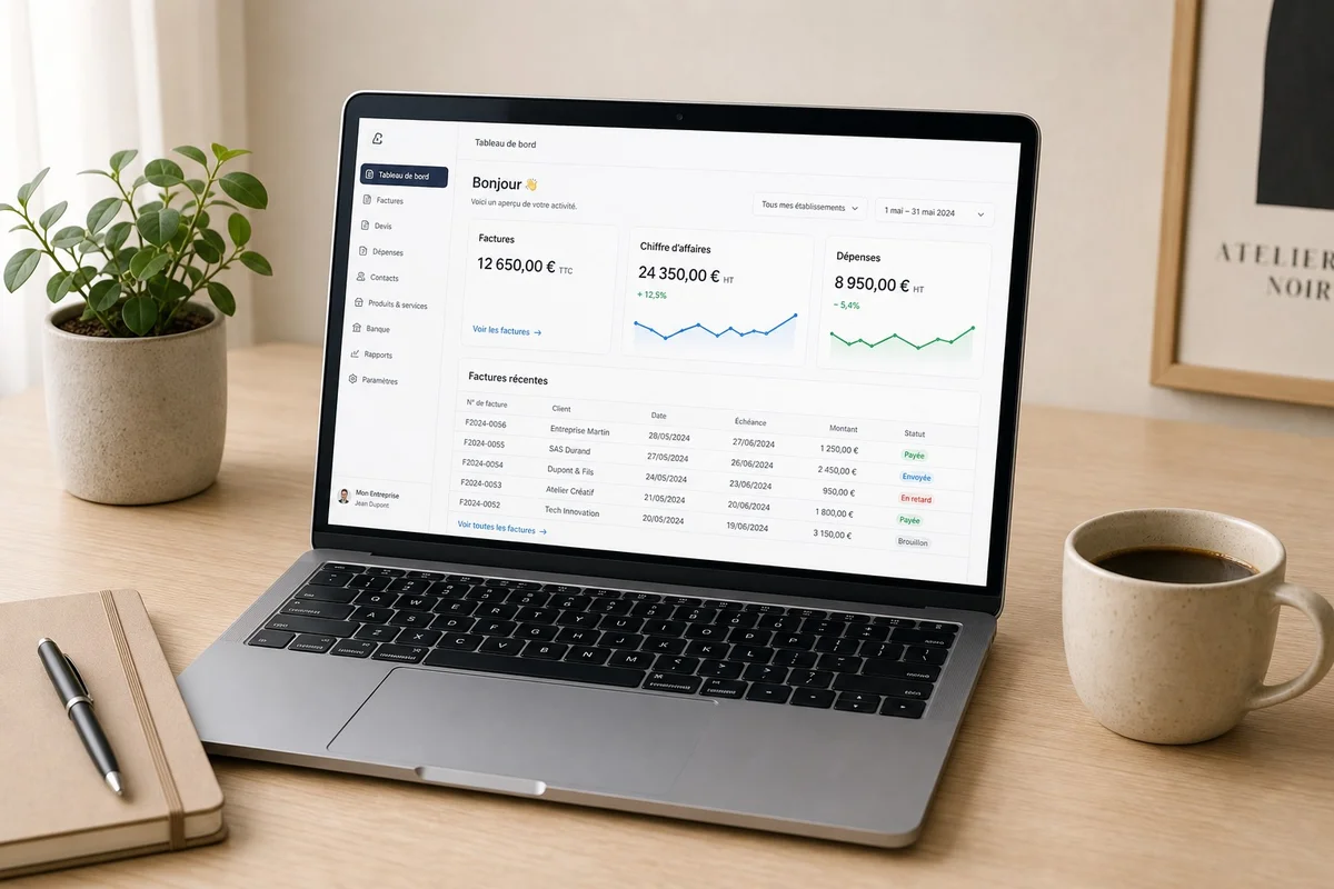 Interface du logiciel Indy sur un ordinateur portable, tableau de bord comptable pour auto-entrepreneur
