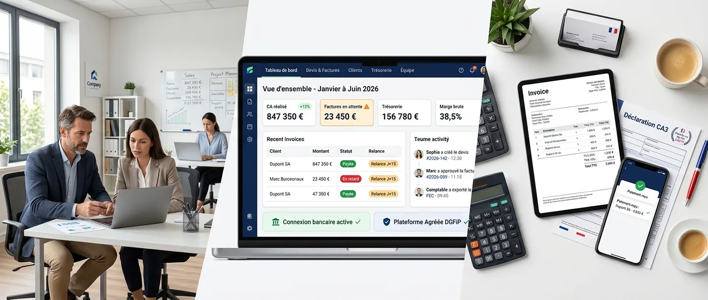 Équipe d'une TPE collaborant sur un logiciel de facturation et de gestion
