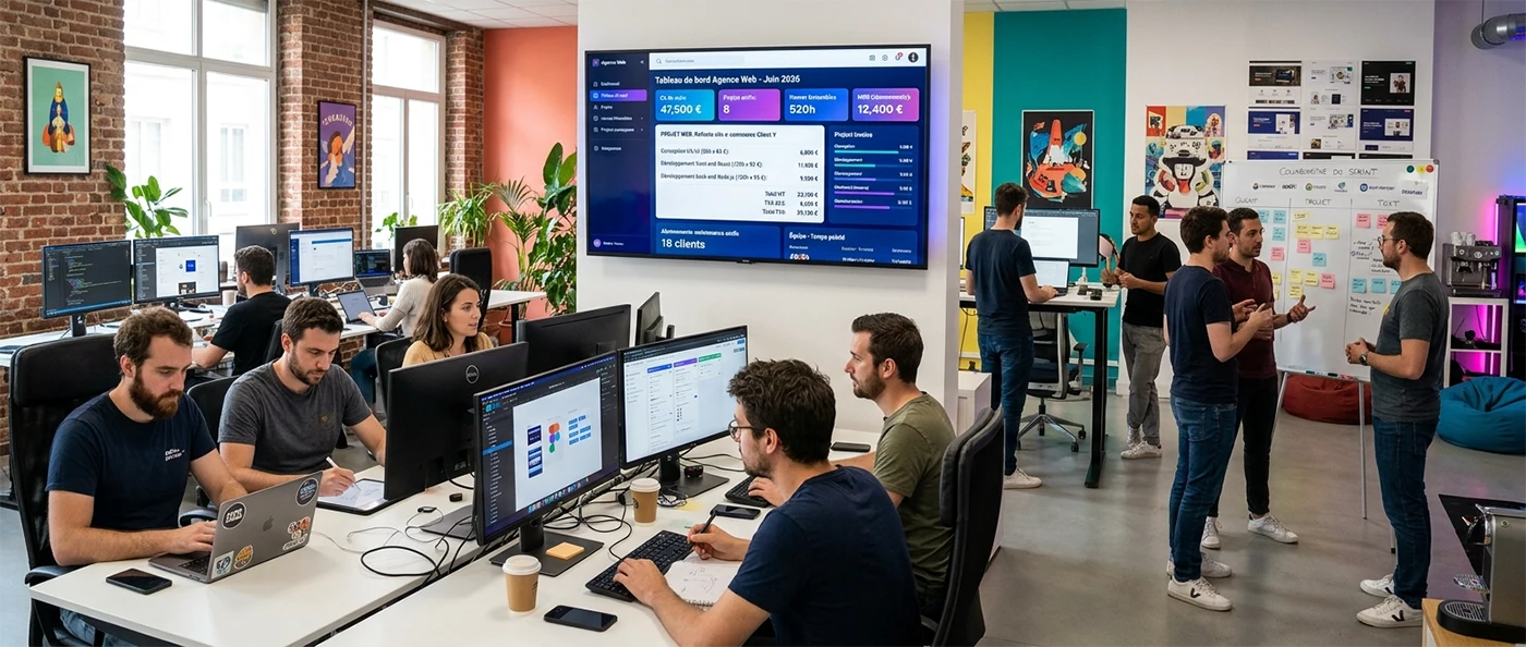 Équipe d'une agence web gérant ses projets et sa facturation sur ordinateur dans un open space