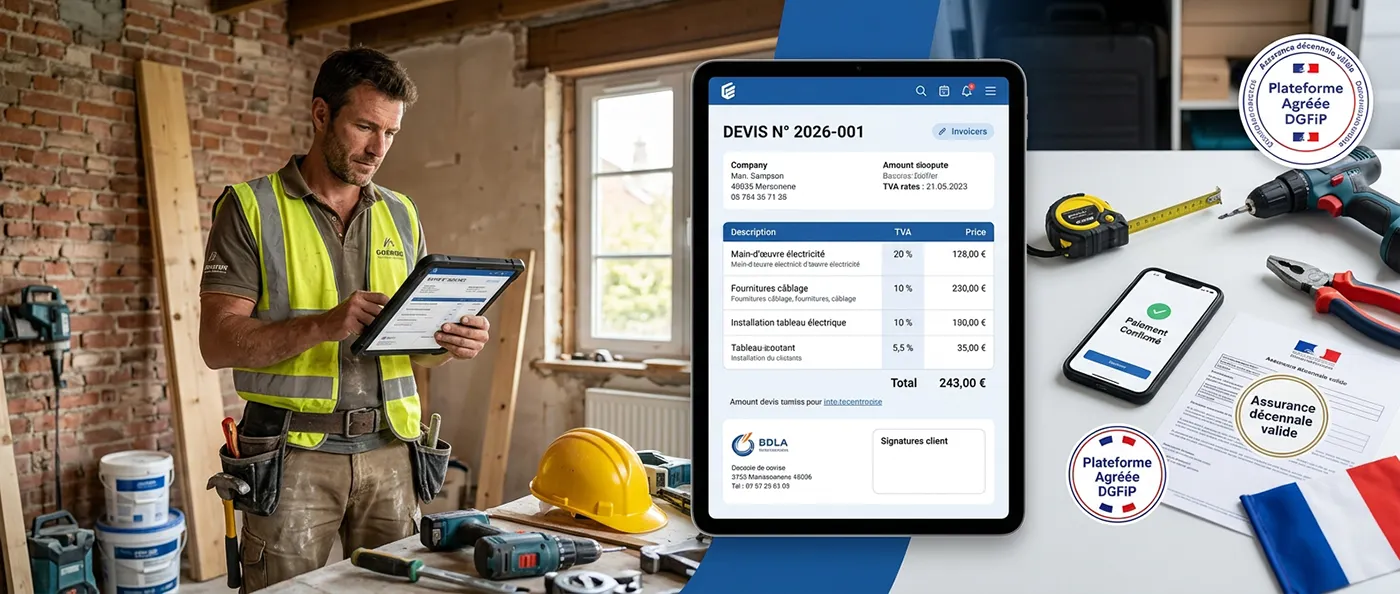 Artisan sur un chantier utilisant sa tablette pour faire une facture avec un logiciel de facturation