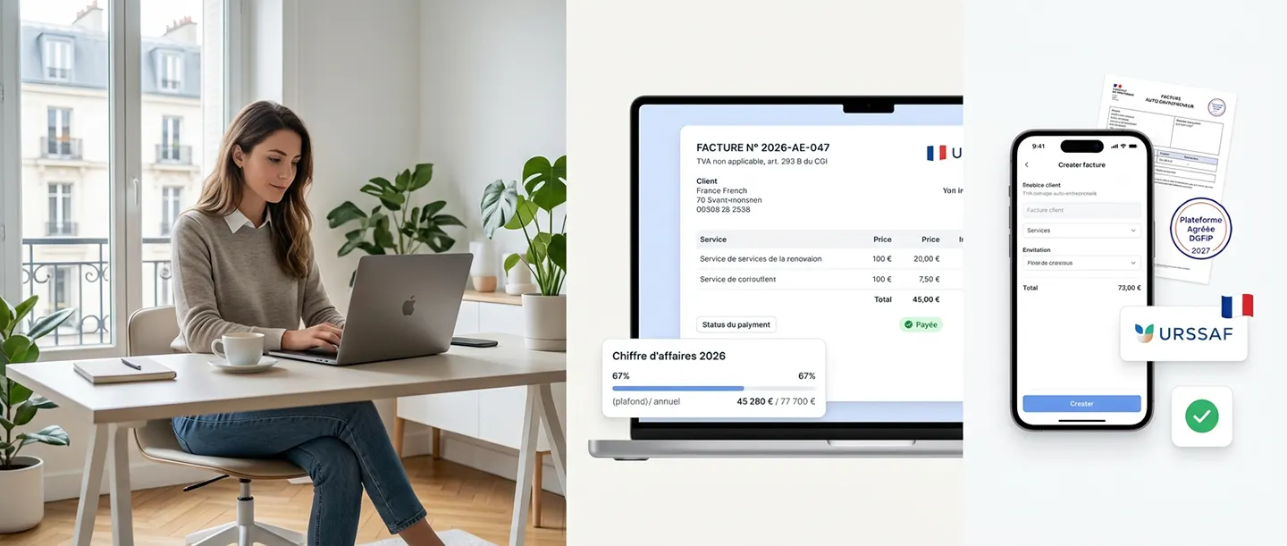Auto-entrepreneur travaillant sur son ordinateur portable pour créer ses factures avec un logiciel adapté