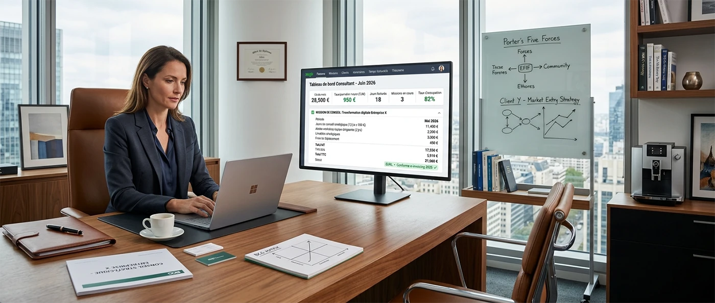Consultant indépendant préparant une facture de mission sur son ordinateur portable dans un espace de coworking