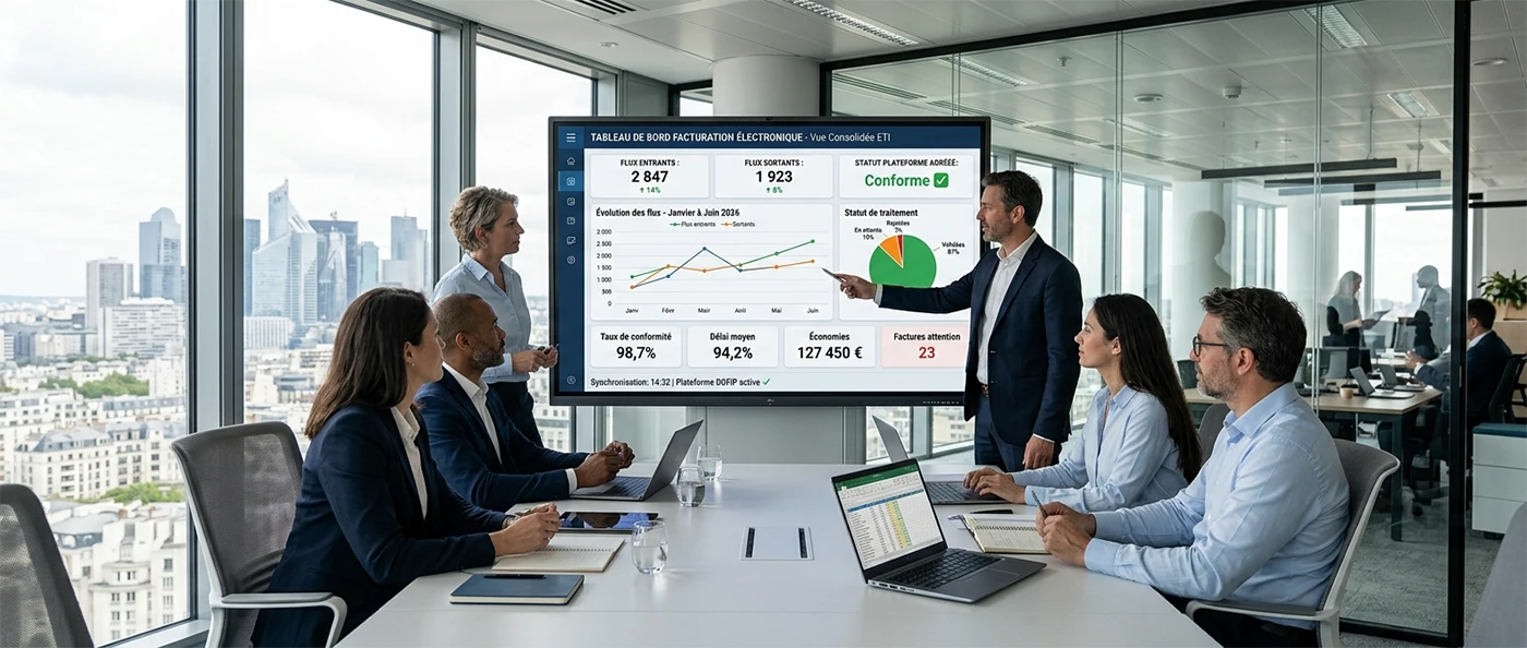 Équipe finance d'une ETI analysant des flux de facturation électronique sur un tableau de bord consolidé