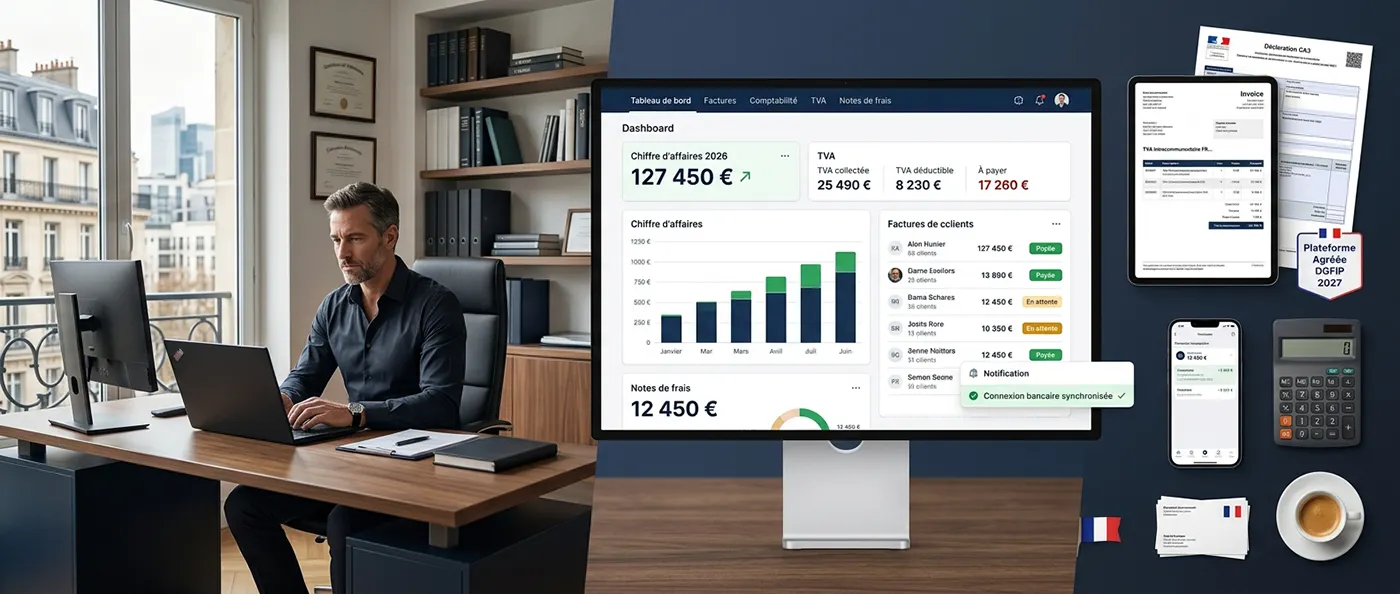 Travailleur indépendant en home-office consultant son tableau de bord financier sur ordinateur