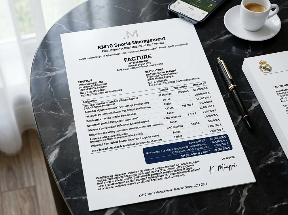 Facture détaillée de Kylian Mbappé adressée au Real Madrid pour la saison 2024-2025