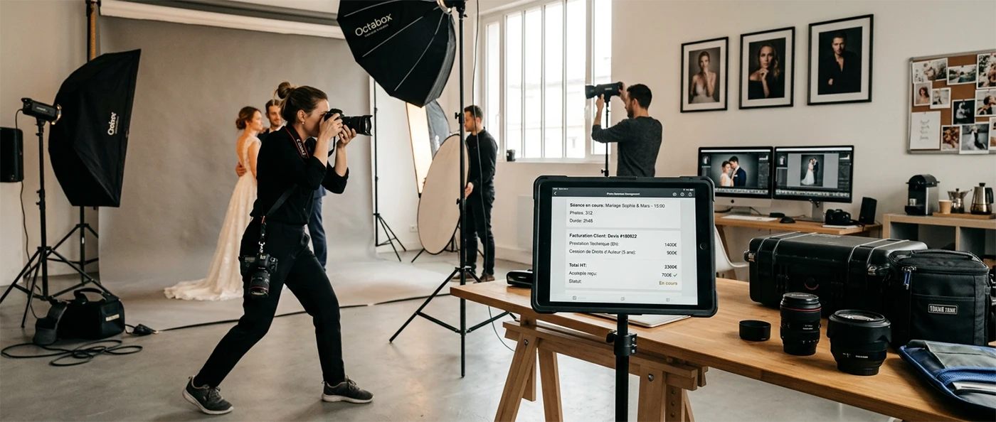 Photographe professionnel établissant un devis sur son ordinateur portable à côté de son appareil photo