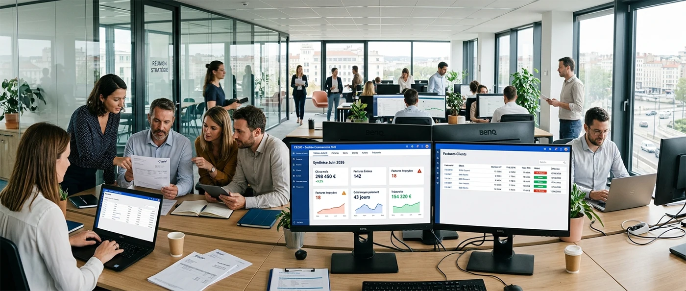 Équipe d'une PME utilisant un logiciel de facturation et de gestion sur ordinateur dans un bureau