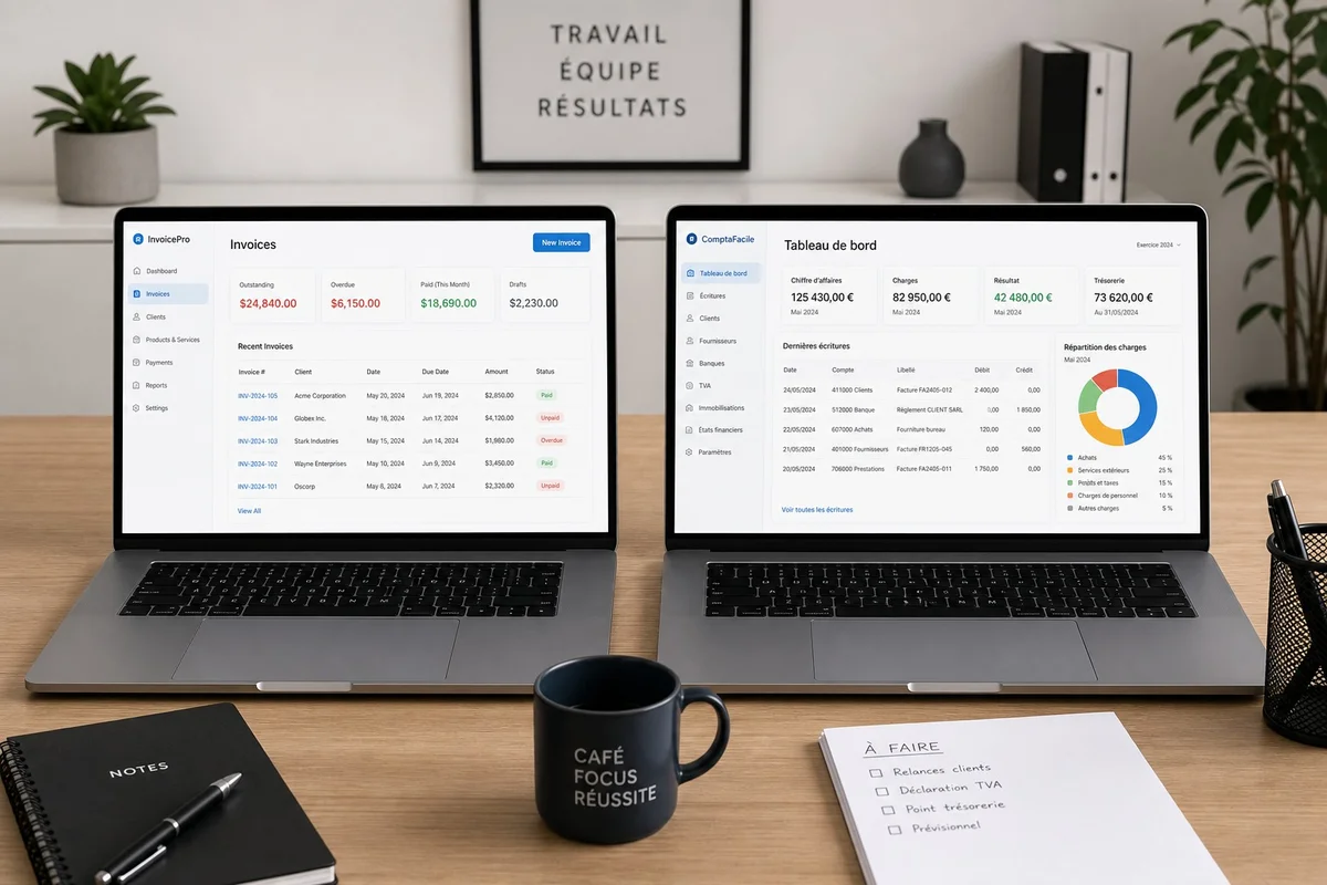 Deux ordinateurs portables côte à côte sur un bureau, l'un affichant une interface de logiciel de facturation américain et l'autre une interface française, illustrant le choix entre FreshBooks et ses alternatives locales