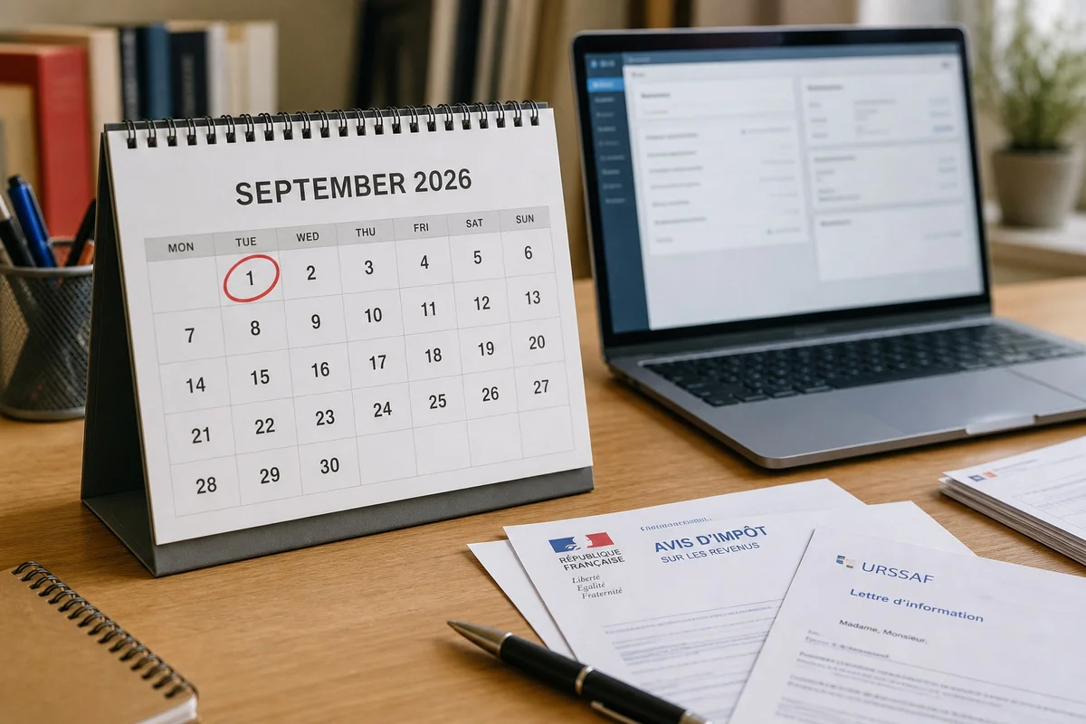 Calendrier mural avec la date du 1er septembre 2026 encerclée en rouge, représentant l'échéance de la facturation électronique obligatoire en France, logiciel de facturation en arrière-plan