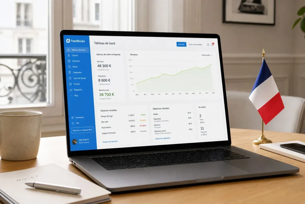 Écran de tableau de bord FreshBooks sur ordinateur portable avec drapeau français en arrière-plan, symbolisant la question de compatibilité du logiciel avec le marché français