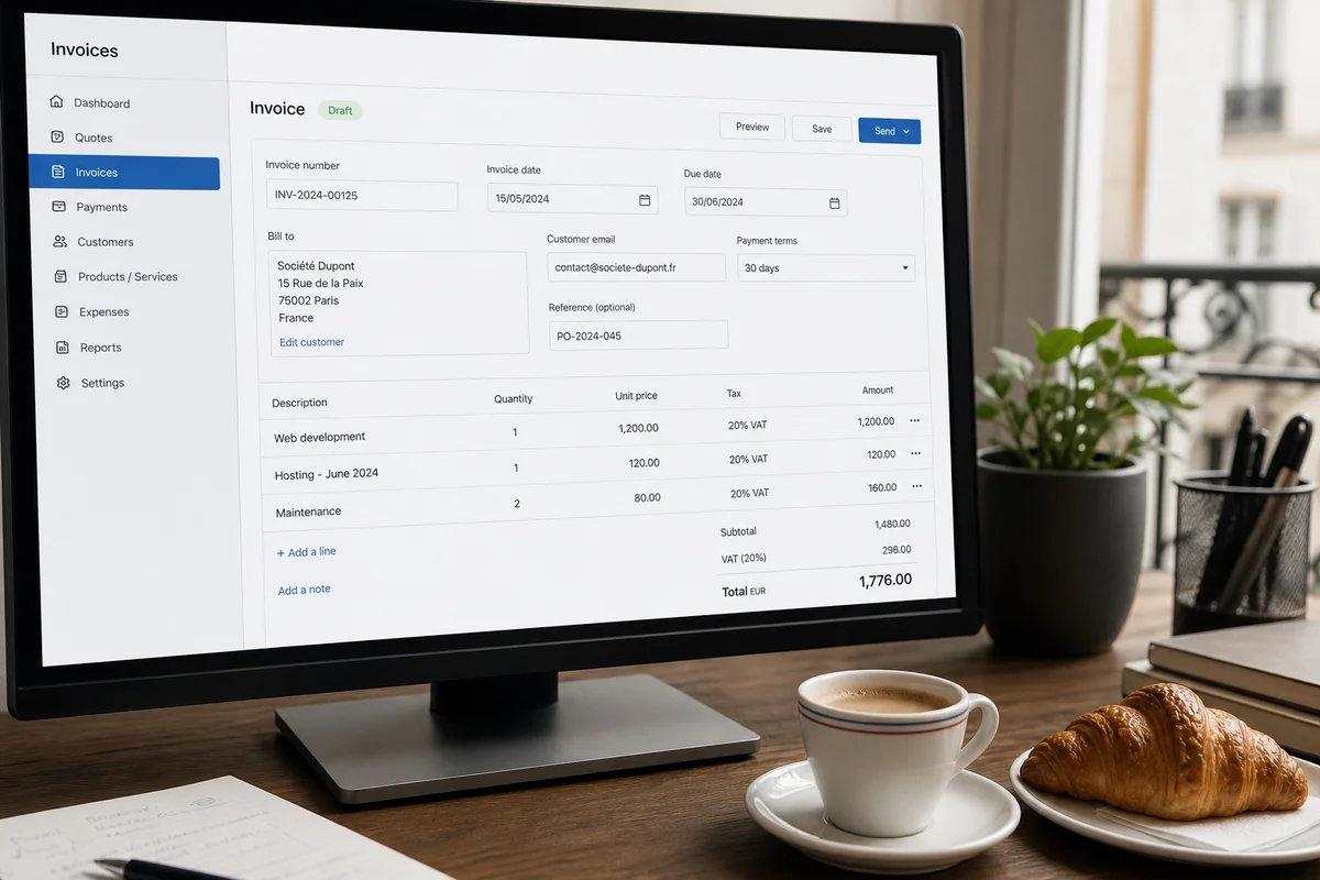 Capture d'écran illustrative d'une interface de logiciel de facturation en anglais sur un écran d'ordinateur, représentant l'obstacle linguistique de FreshBooks pour les freelances français