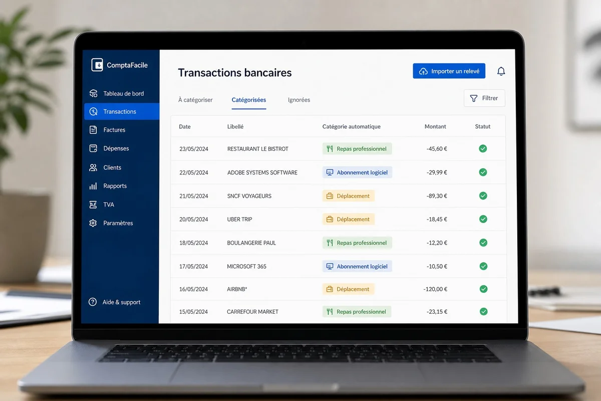 Tableau de bord Indy montrant la synchronisation bancaire et la catégorisation automatique des transactions