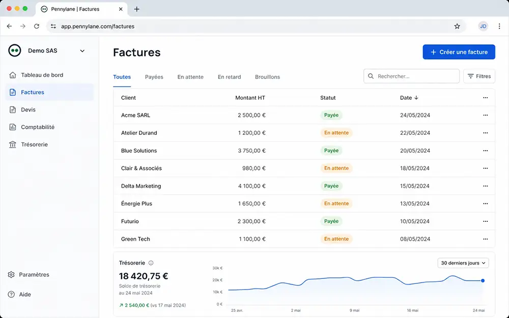 Écran de facturation de l'interface Pennylane