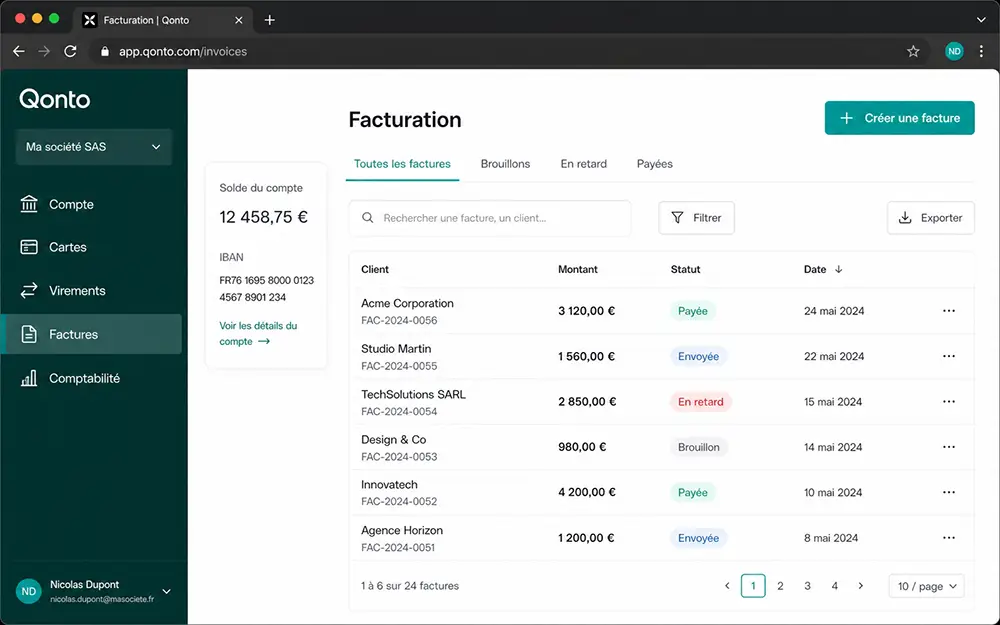 Écran de facturation de l'interface Qonto