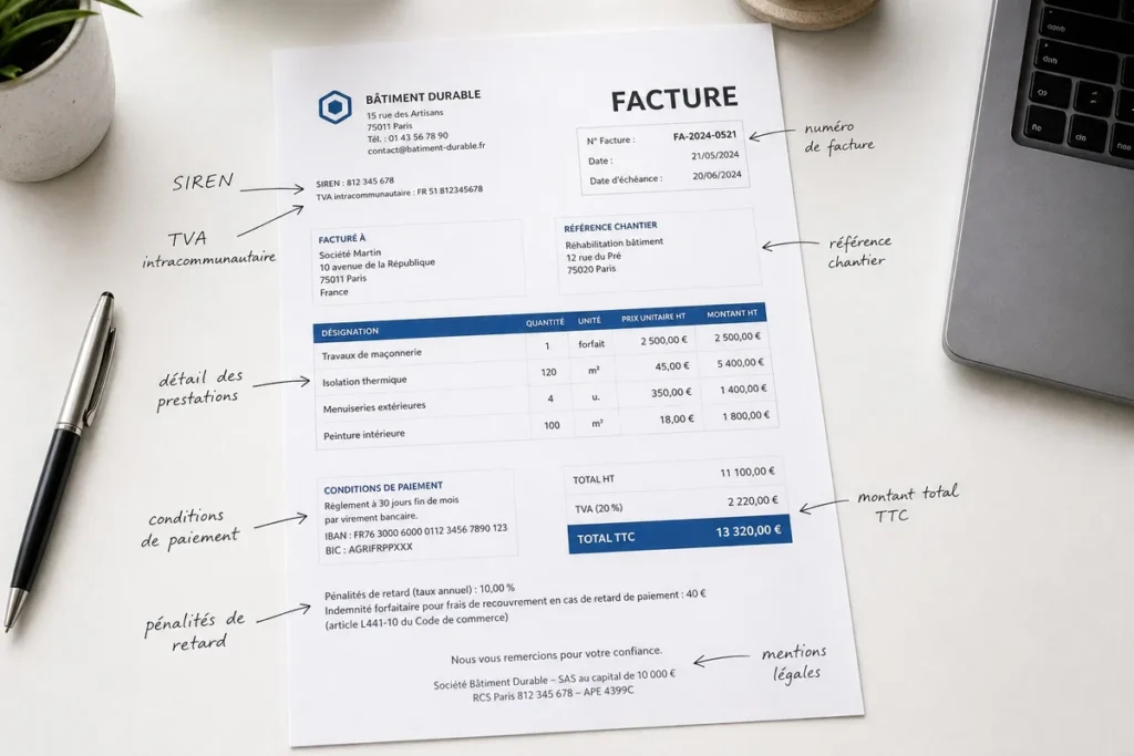 Exemple de facture française avec toutes les mentions obligatoires annotées pour 2026