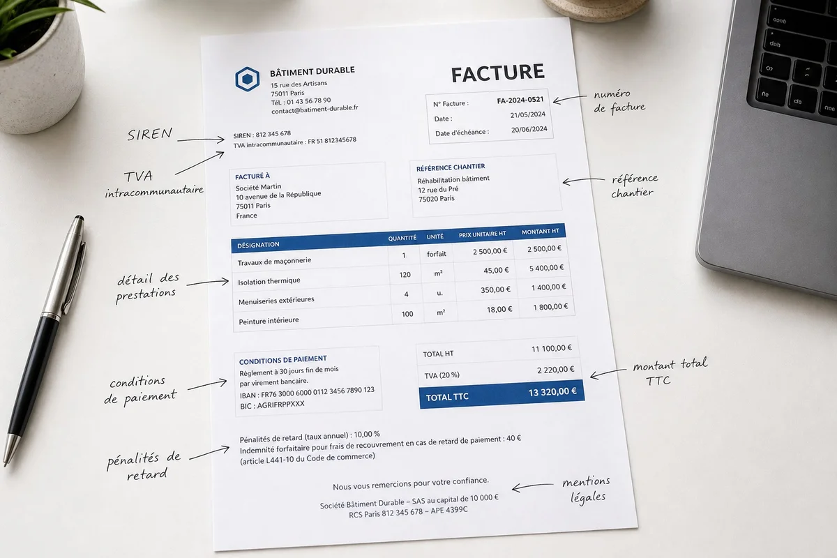 Exemple de facture française avec toutes les mentions obligatoires annotées pour 2026