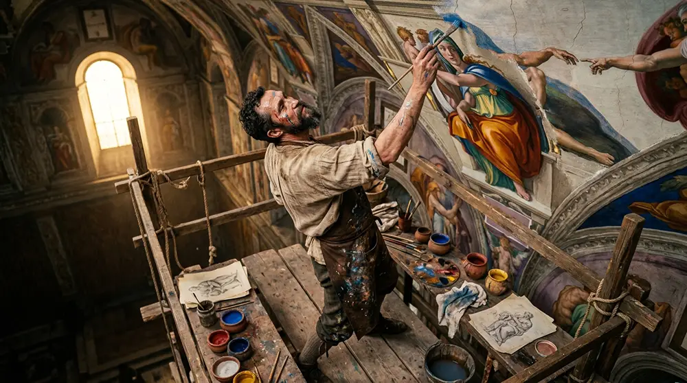 Michel-Ange peignant le plafond de la Chapelle Sixtine debout sur son échafaudage en 1510