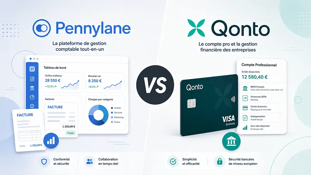Comparatif Pennylane vs Qonto 2026 en split-screen
