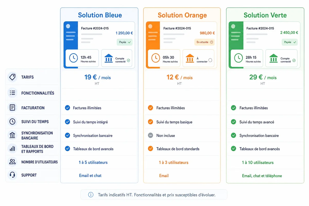 Comparaison visuelle entre plusieurs logiciels de facturation français pour indépendants et auto-entrepreneurs
