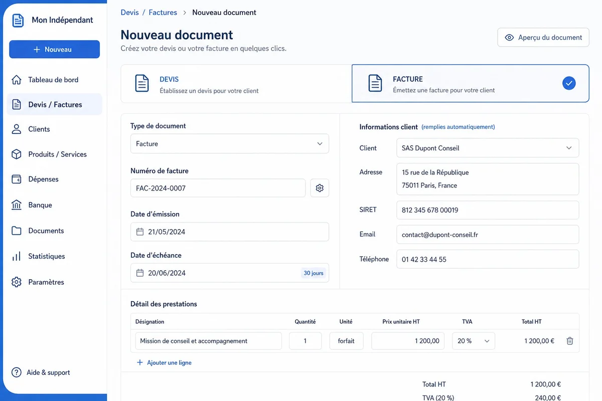 Écran de création de devis et de facture conforme pour auto-entrepreneur sur le logiciel Freebe