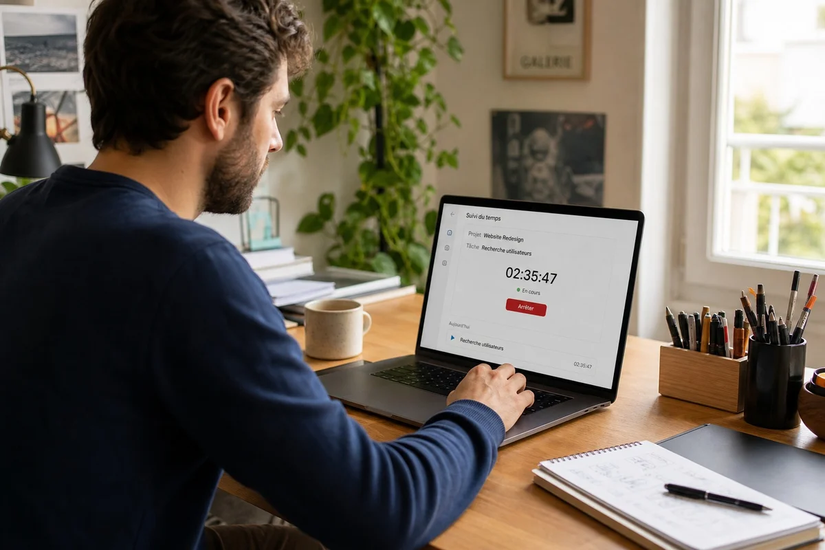 Freelance français utilisant un chronomètre intégré pour suivre le temps passé sur une mission client
