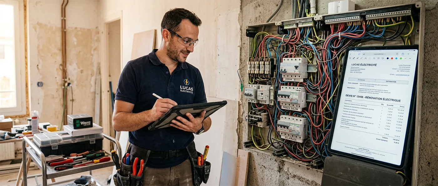 Électricien artisan éditant un devis sur tablette devant un tableau électrique en rénovation