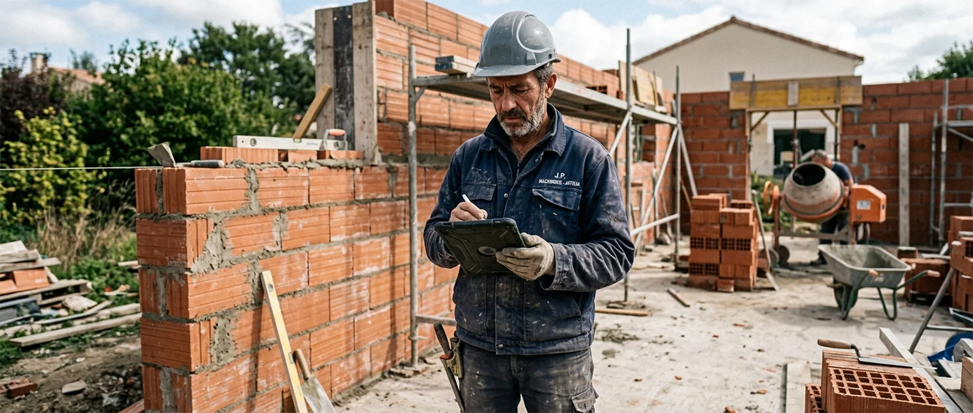 Maçon artisan préparant un devis de chantier sur tablette devant un mur en construction