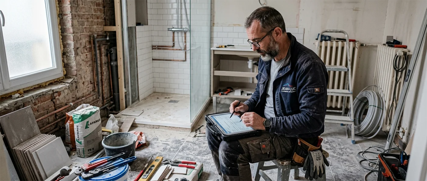 Plombier artisan éditant un devis d'intervention sur tablette dans une salle de bains en rénovation