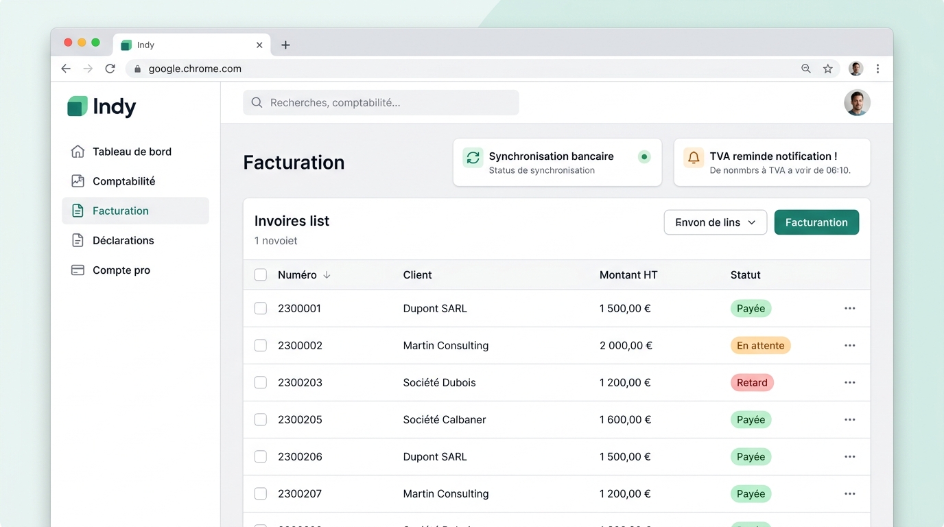 Interface Indy avec tableau de bord, liste des factures et synchronisation bancaire