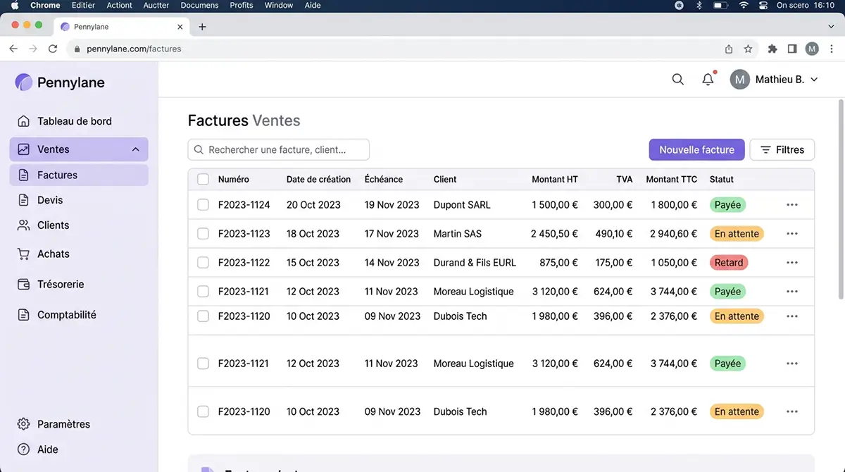 Interface de facturation Pennylane, liste des factures et statuts