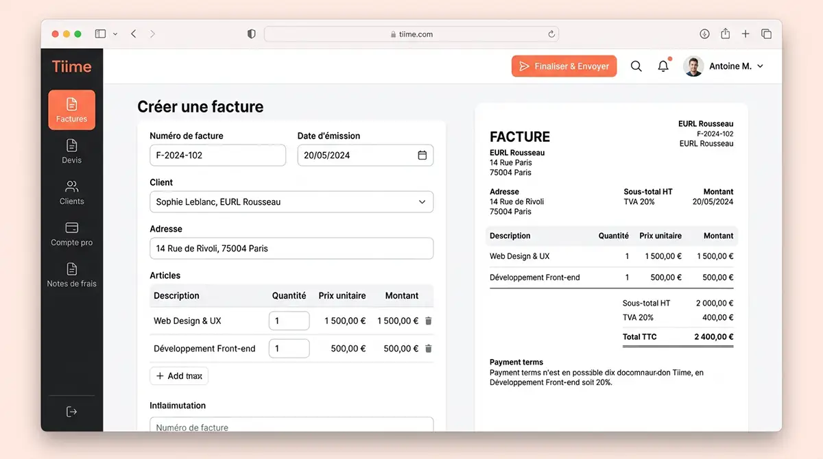Interface de facturation Tiime, création de facture et aperçu Factur-X