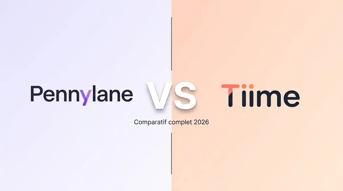 Comparatif Pennylane vs Tiime en 2026 : logos et versus central Caption : Pennylane vs Tiime : deux logiciels français, deux publics distincts.