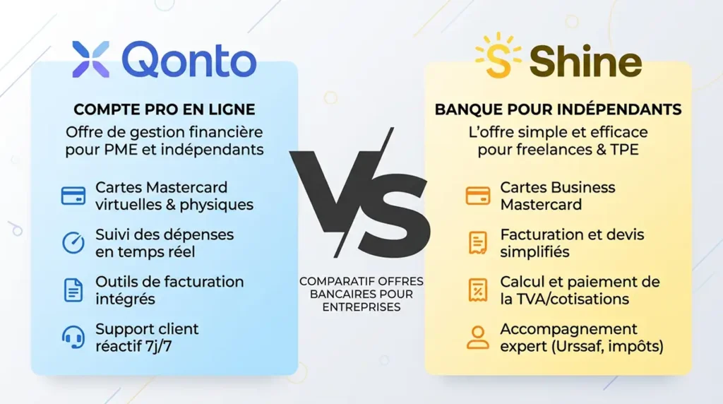 Logos Qonto et Shine face à face pour le comparatif compte pro 2026